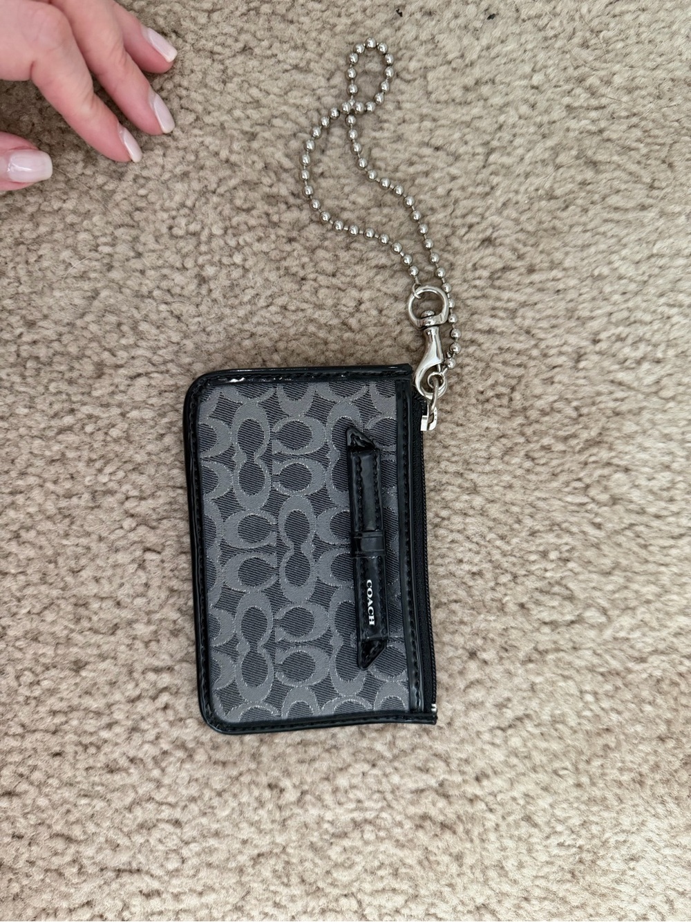 Coach Gray Signature Card Case with Detachable Ball Chain